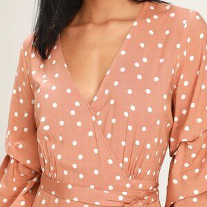 Lulus Socialite Rusty Rose and White Polka Dot Wrap Midi Dress - Size Small